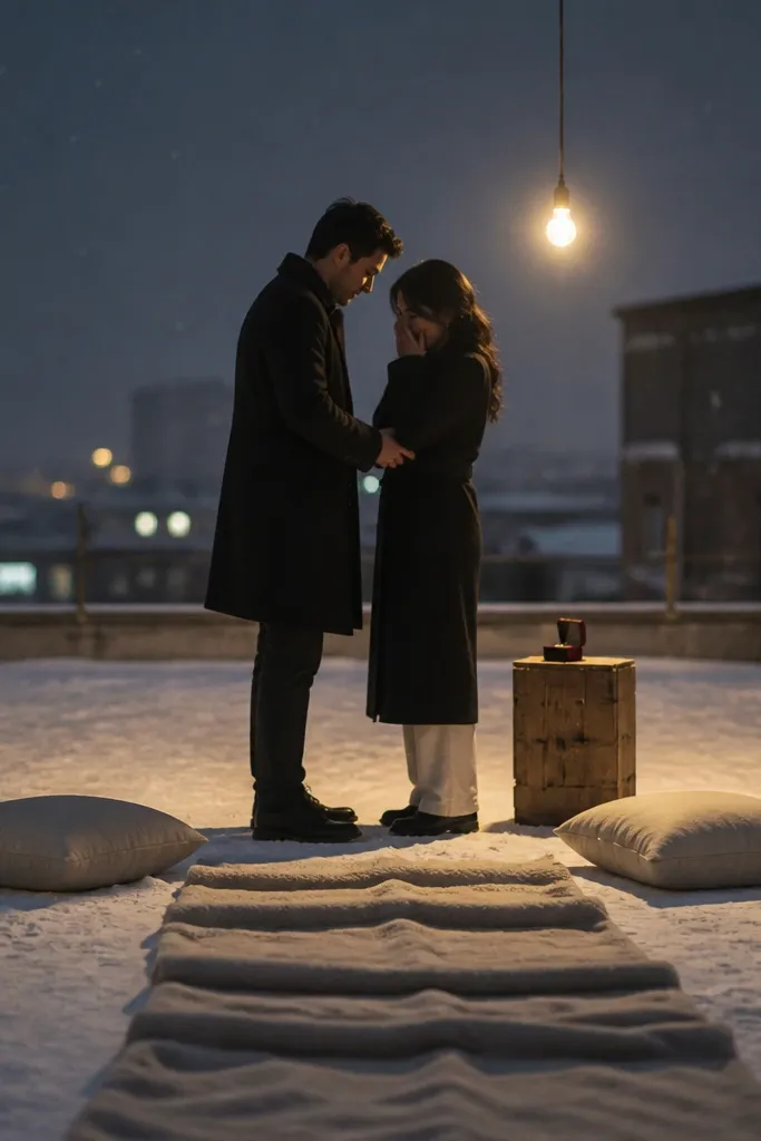 A snowy rooftop under a single hanging warm bulb. A blanket is folded into a ladder-like shape on the ground, with two thick pillows. The couple stands near the pillows, and a ring box sits on a small wooden crate under the bulb.