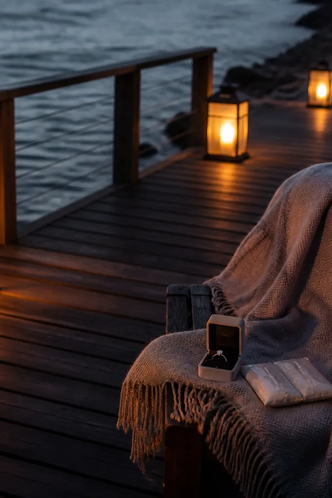 A dark boardwalk by the water with gentle waves. LED lanterns line the path and glow warm amber. A wool blanket covers a small bench, and a ring box sits on a blanket corner beside two wrapped hand warmers.