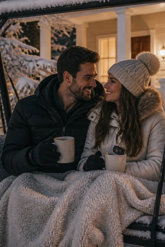 A backyard swing covered in snow with a thick blanket thrown over the seat. A person sits beside their partner on the swing holding mugs. A small ring box is inside a mug with a spoon, and the snow sparkles under warm porch lights.