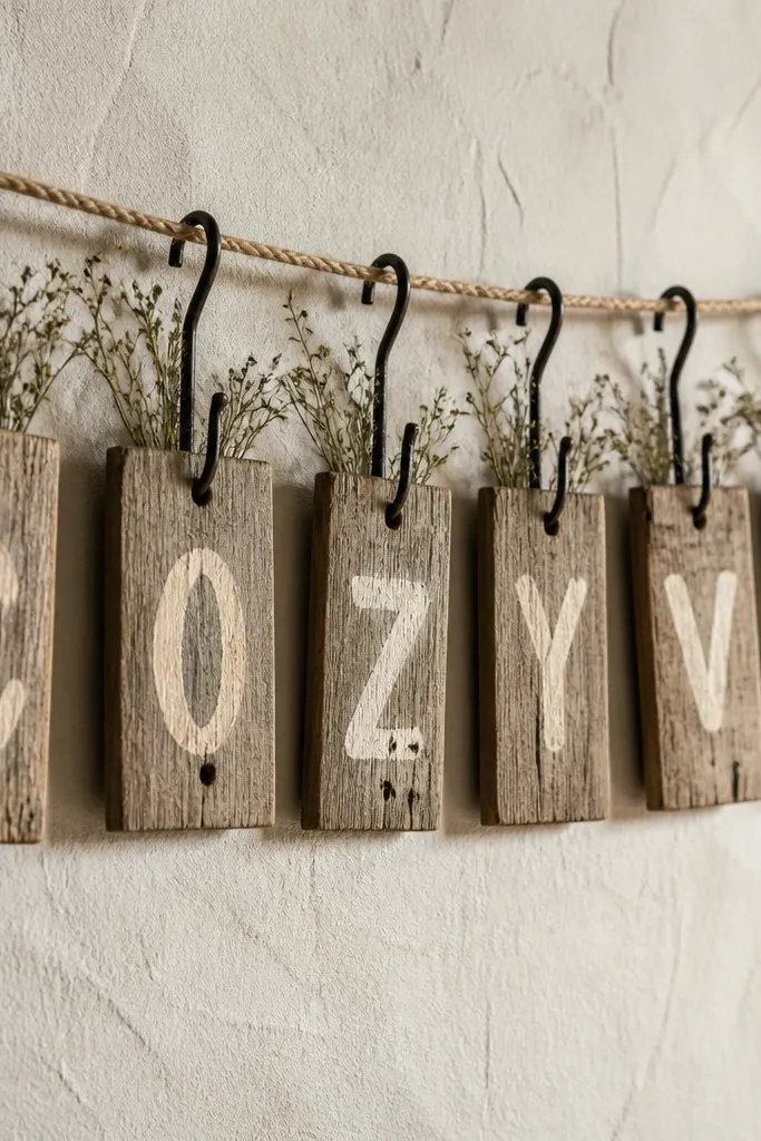 A row of small rectangular weathered wooden boards, each with a hand-painted cream letter, hung from black iron hooks on a rope line. The boards have visible grain and nail holes, and there are tiny sprigs of dried greenery tucked behind each sign.