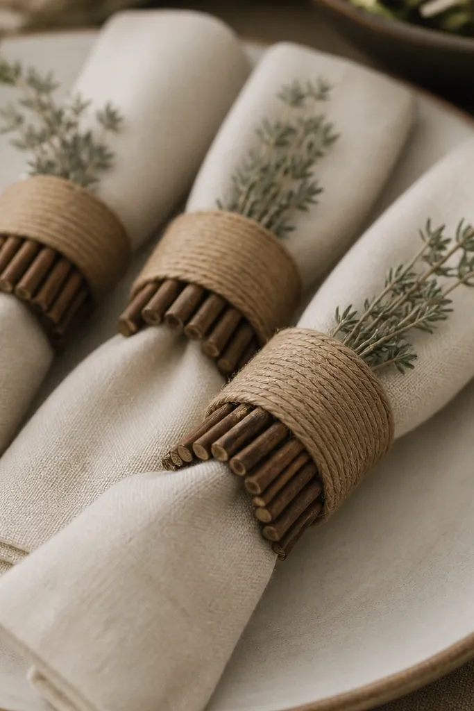 Cream linen napkins folded into rectangles, each held by a thick ring made from a twig bundle wrapped tightly in tan twine. The twine wraps look even, and a small dried herb sprig is tucked at the seam.