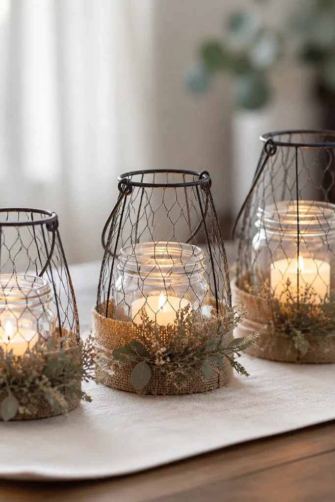 Three small wire lantern cages on a table runner, each holding a clear glass jar candle. The jars show a soft glow, and each lantern has a band of burlap and a sprig of dried greenery wrapped around the base.