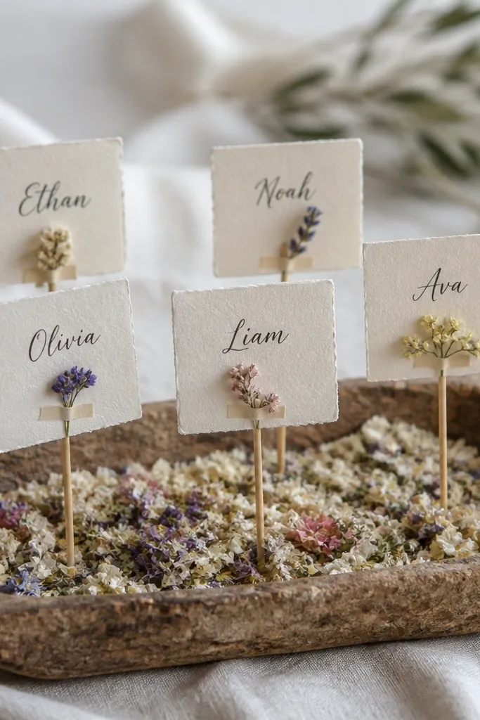 A shallow bark tray filled with small pressed flower pieces in muted colors. Place cards stand upright on thin wooden sticks, each with a name in dark ink and a tiny cluster of dried petals taped near the base.