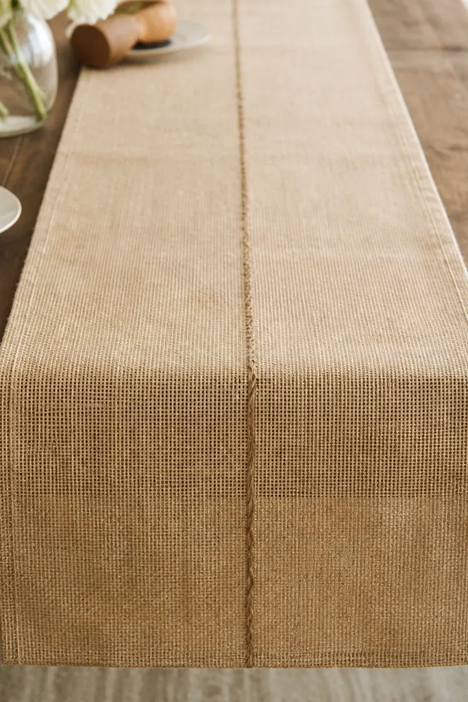 A long burlap table runner with a stitched hem and a straight stitched-in twine line down the center. The burlap has a natural beige color, and the twine line is slightly darker, visible along the length.