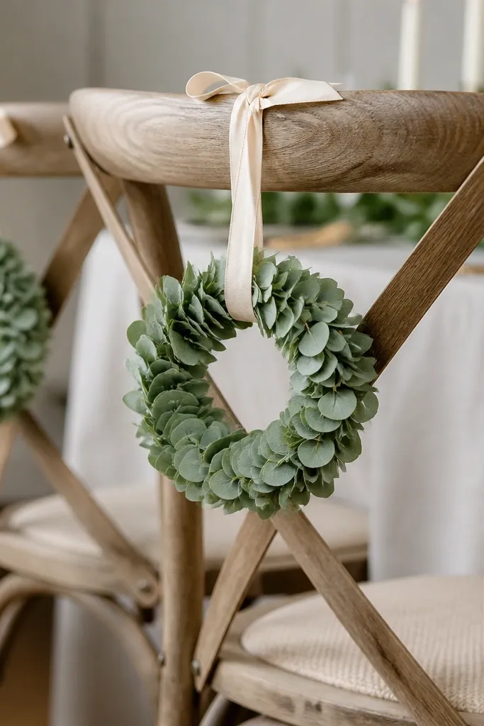 Small dried eucalyptus wreaths hanging on chair backs. Each wreath is made from a tight ring of greenery with a cream ribbon loop at the top, and it's secured with a black zip tie hidden behind the chair frame.