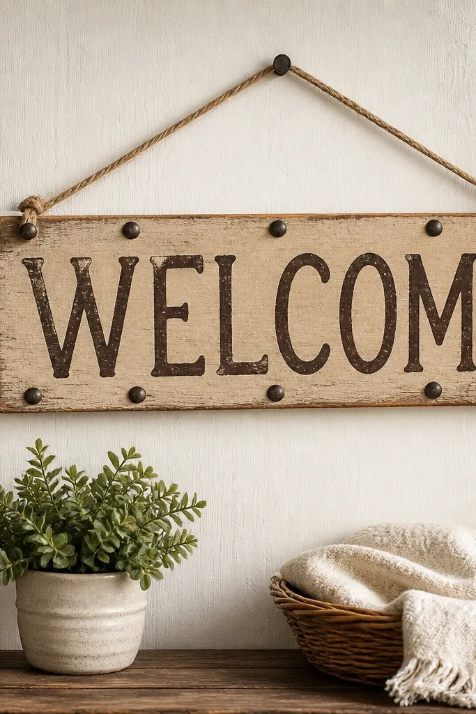 A reclaimed wood plank sign painted with a warm beige base. The word WELCOME is hand-painted in dark brown, and small round faux nail heads are placed around the letters for texture. A twine hanger crosses the top.