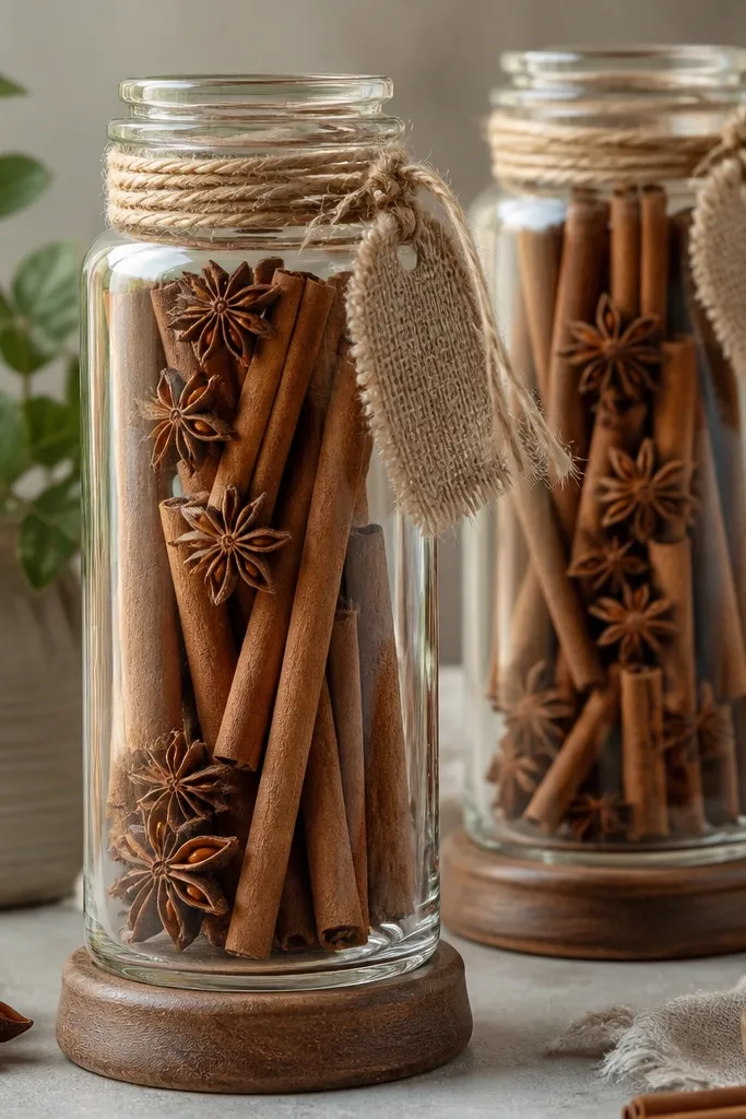 Tall glass jars on small round wood bases, each jar filled with cinnamon sticks and star anise. The jars have twine wrapped around the neck and a small piece of burlap with a tag tied to the side.