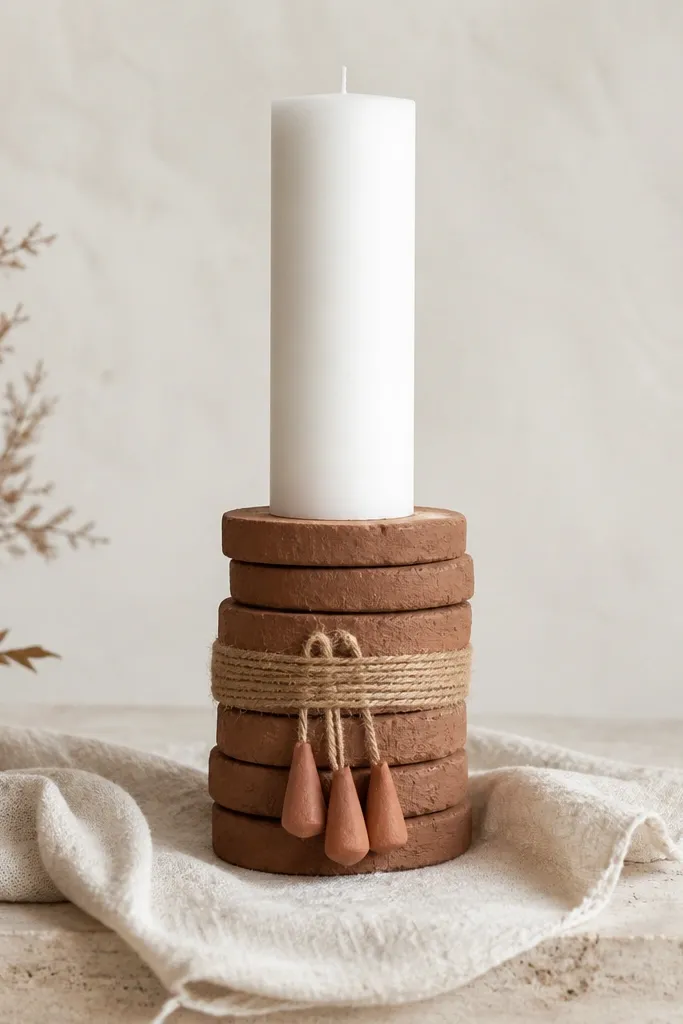 A simple candle stand made from stacked wood slices painted with a muted clay color. Twine wraps around the center, and small faux clay drips hang from the twine. A single tall white unity candle sits on top.