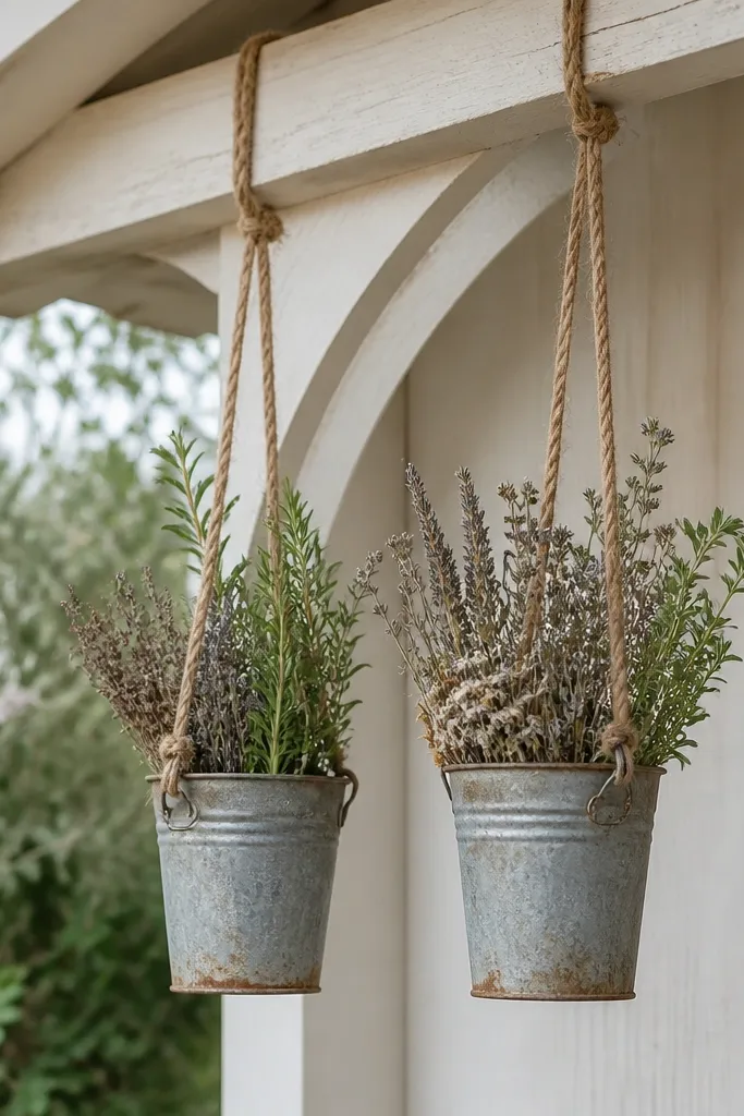 Two hanging planters made from small galvanized buckets attached to rope. Each bucket has dried herbs and a few green stems, and the buckets show light rust spots. The rope is looped over the arch beam.