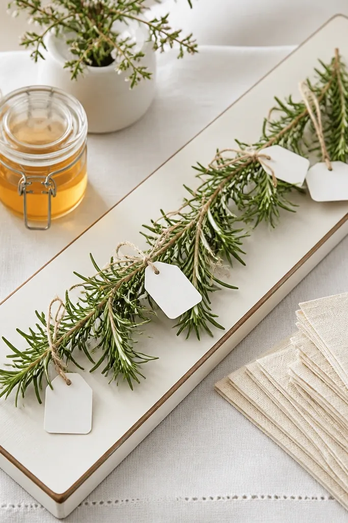 A long wooden serving board painted in off-white with a thin dark-brown border. On top sits a rosemary garland and small tags tied to twine. Beside it are small jars of honey and a stack of paper napkins.