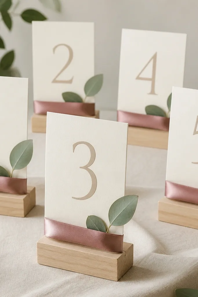 A set of small table number signs: cream cardstock numbers mounted on rectangular light wood blocks. Each wood block has a dusty rose satin ribbon looped across the front with neat spacing, and a thin eucalyptus-colored paper leaf tucked behind.