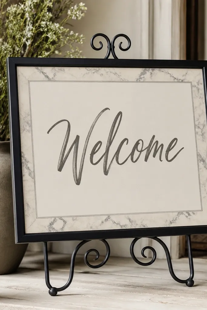 A black metal framed sign with a cream background. The words 'Welcome' look like chalk ink lettering. Around the edges is a thin faux marble border in gray with subtle veining.