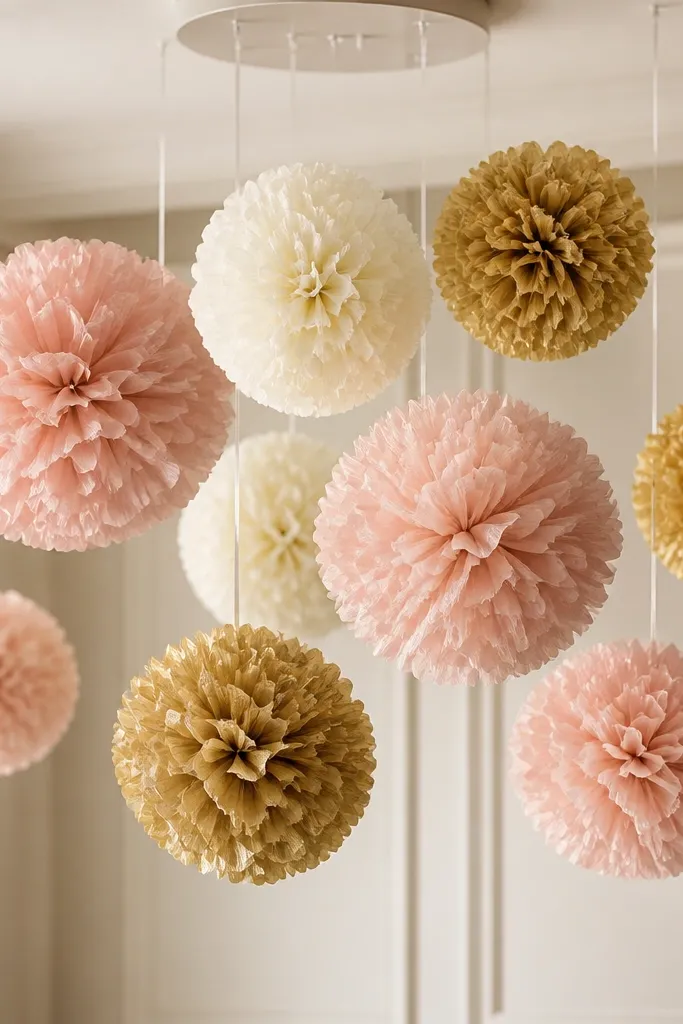 Hanging pom-poms made from crinkled crepe paper in blush, cream, and muted gold. Each pom-ball hangs from a clear line anchored to a ceiling mount, and they sway slightly.