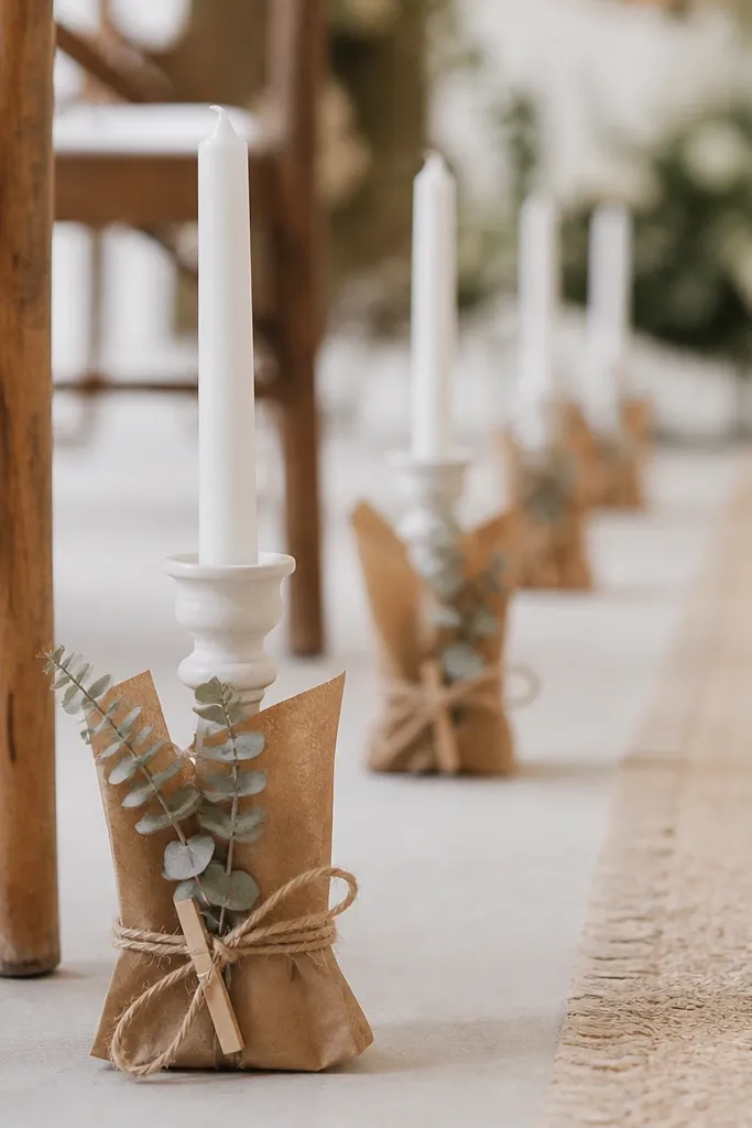 Small aisle marker stands with white candlesticks. Around the base is a kraft paper wrap tied with twine, and a small sprig of dried eucalyptus is clipped to the front.
