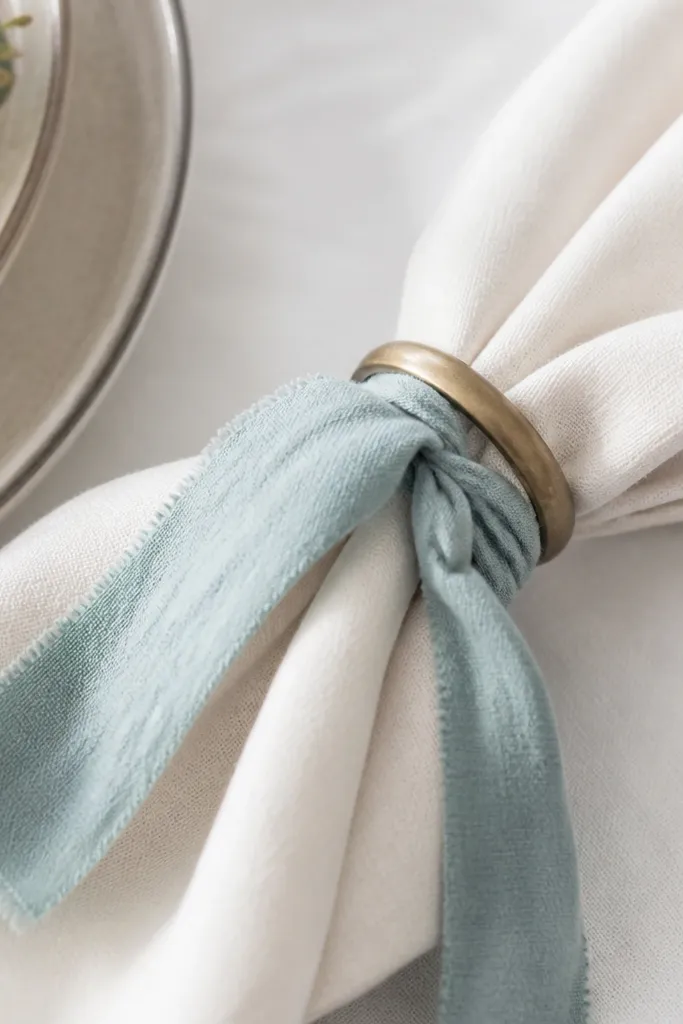 Close-up of a place setting: a white linen tablecloth, folded cream napkin, and a band around the napkin made from a thin dyed fabric strip. The band is attached to a simple store napkin ring.