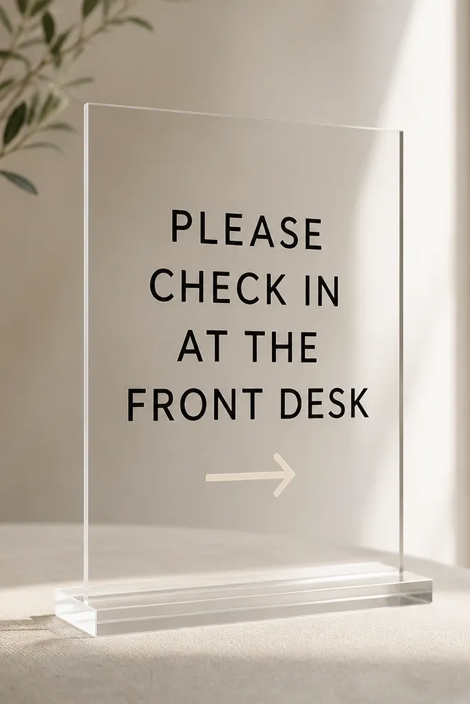 A clear acrylic sign on a stand. The text is made from cut vinyl letters in matte black, with a small cream arrow icon beneath. The letters look crisp and evenly spaced.