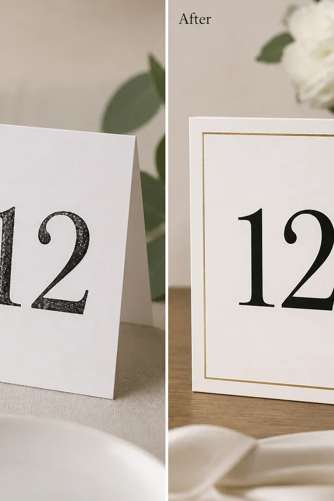 A set of table number signs on thick white foam board. The before version looks like thin cardstock with uneven black ink. The after version shows crisp black numbers with a subtle gold rub-on around the edges, mounted in a neat rectangular frame.