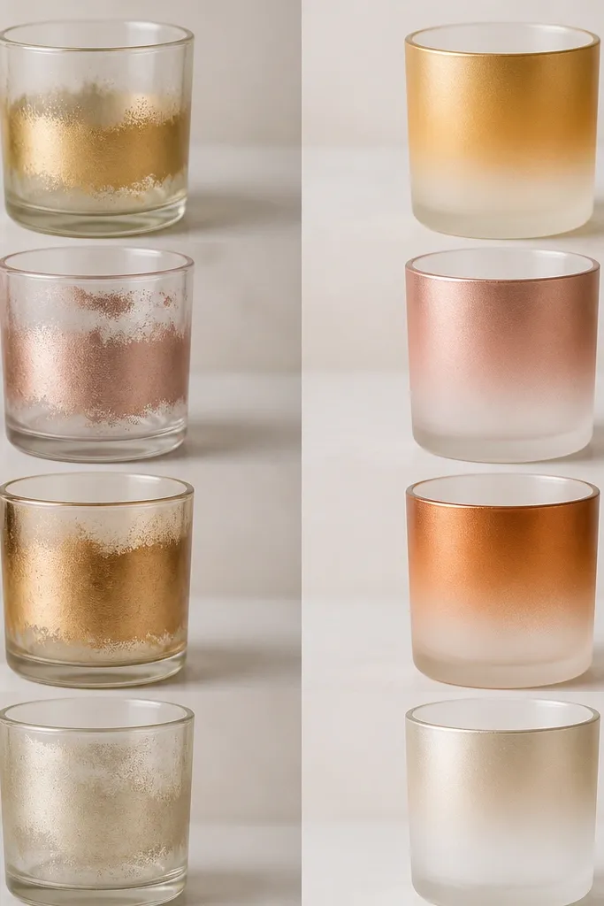Two columns of glass votive holders. The before column has uneven spray paint coverage. The after column shows a smooth ombre effect with a clean masked line at the rim and a soft gradient toward the base.