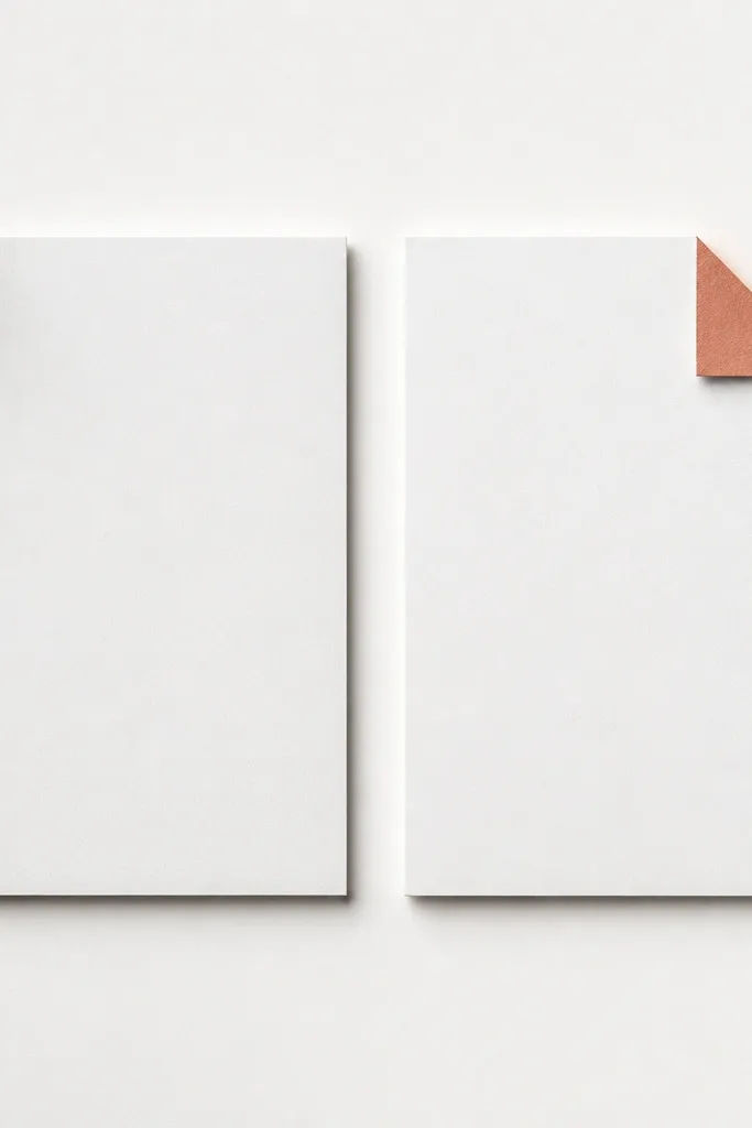 Place cards on white cardstock. The before cards are flat with straight edges and printed text. The after cards have a folded corner tab with a complementary color underlayer, creating a small angled accent.