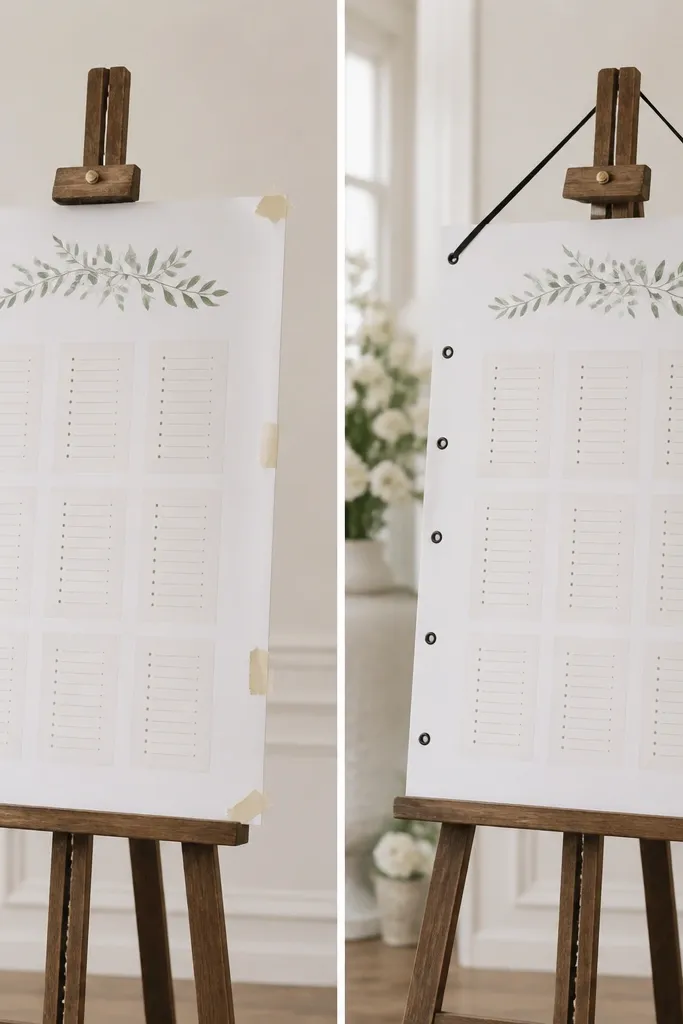 A seating chart board before and after. The before version is a plain poster with tape marks and no finishing. The after version shows a large sheet with neat black grommets along the side and a clean hanging ribbon.