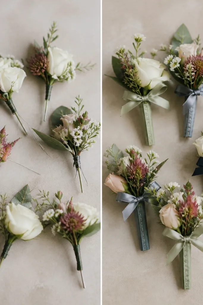 Boutonnieres on a table before and after. The before ones have bare stems and visible wire. The after ones show felt-wrapped stems in matching colors with neat stitching lines and a final satin ribbon tie.