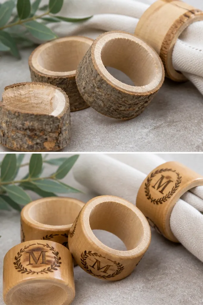 Wood slice napkin rings before and after. The before rings are unfinished wood with rough edges. The after rings have smooth edges, a clean monogram in dark ink, and a light clear coat.