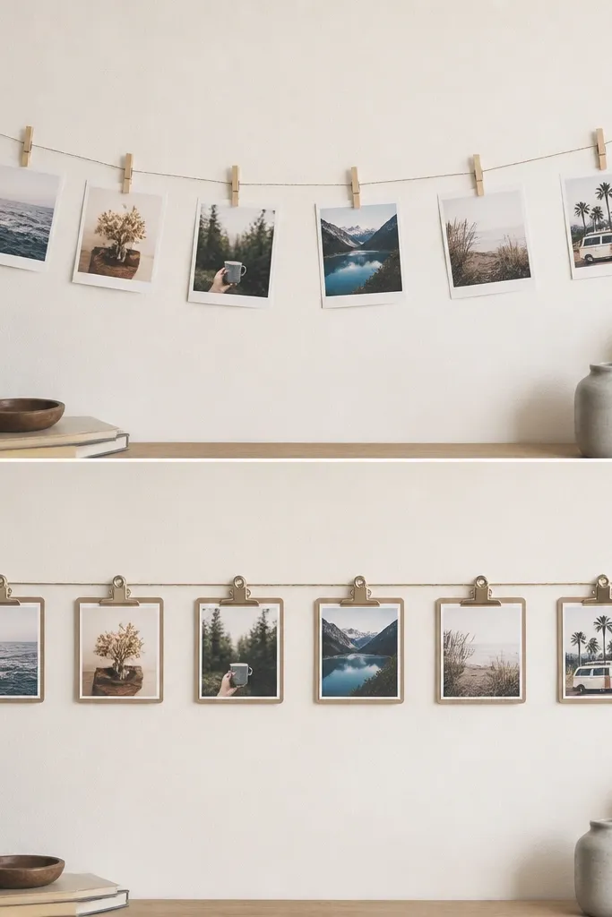 A string photo display before and after. The before shows random tape and crooked clips. The after shows evenly spaced mini clipboards with matching tape strips and straight alignment.