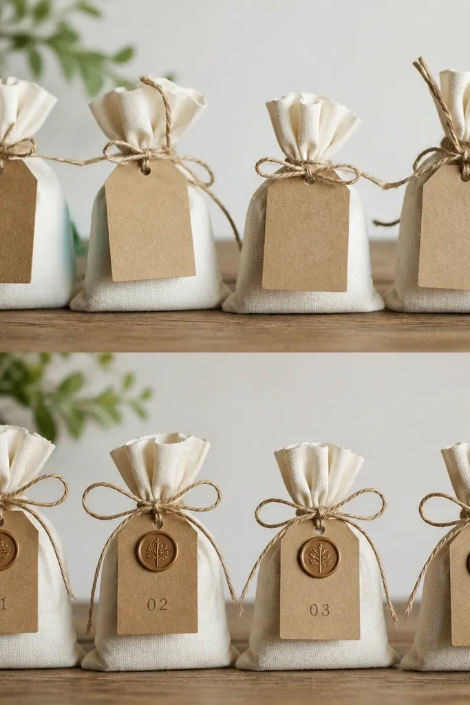 Small favor bags before and after. The before bags have plain labels and messy twine. The after bags have twine tied in a consistent bow and a wax seal on a Kraft tag with numbered text.