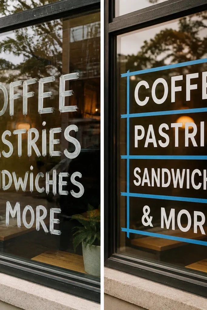 A window sign before and after. The before has crooked hand-lettering and visible marker strokes. The after shows clean vinyl lettering placed with painter's tape alignment lines.