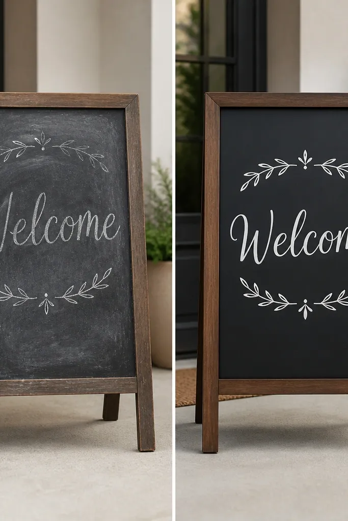 A welcome sign board before and after. The before shows chalk smudges and uneven lettering. The after has crisp chalk marker text with a matte clear finish that keeps the lines sharp.