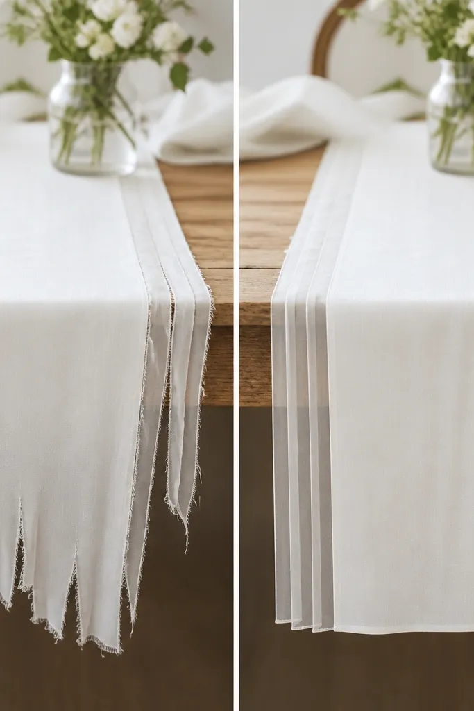A white table runner before and after. The before has raw organza edges that fray. The after shows organza strips with neat hemmed fringe and a consistent fall across the runner.