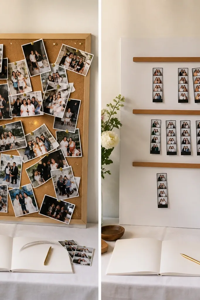 A guest book setup before and after. The before is loose photo prints pinned with thumbtacks. The after shows a clean board with magnetic strips holding photo strips and a pen sign with instructions.