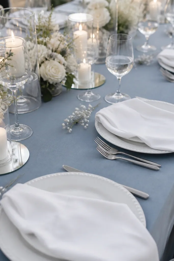 A long banquet table with dusty blue table linen as the base. Each setting has a white charger with a subtle pearl-like edge, matte silver utensils, and a white napkin draped loosely. Small round mirrors under candles reflect the pearl edge, and pearl picks are tucked near each place setting.