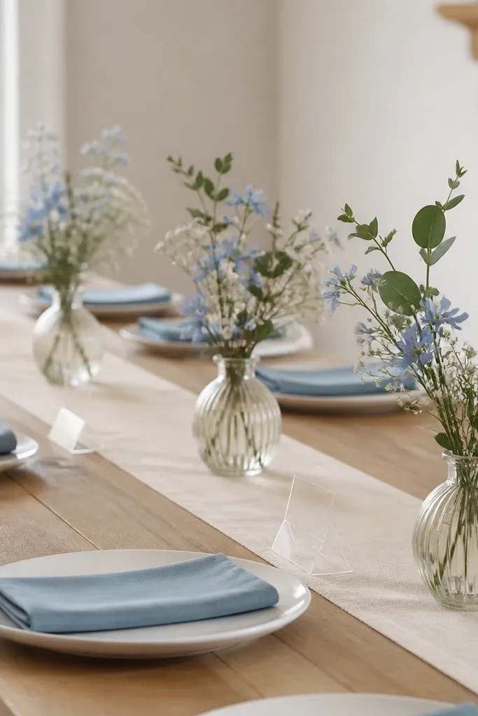 A series of bud vases spaced evenly along a cream runner. Each vase holds a few airy stems in dusty blue shades, with white baby's breath and tiny green leaves. Plates are simple white, and napkins are dusty blue with a single fold and no tie. Clear acrylic place card holders stand near each setting.