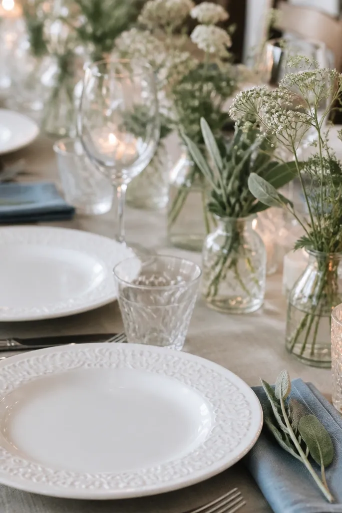 White embossed dinner plates with raised patterns catch candlelight. Dusty blue napkins are folded into a neat rectangle and placed beside the plate. Small sage sprigs and white wildflower-like stems sit in short glass vases along the center.