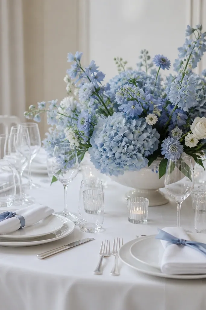 A white tablecloth covers everything. Each place setting has white plates, white napkins, and clear glassware. Dusty blue accents appear only in a few elements: a dusty blue ribbon around napkins and one large low floral bowl filled with dusty blue flowers.