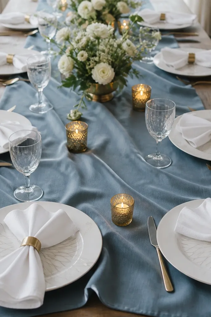 A dusty blue runner with a soft sheen sits down the center. White plates have a subtle geometric line pattern. Napkins are white and folded into a fan shape, held by brushed brass rings. Small brass votive holders hold candles along the runner.