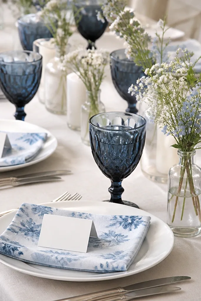 Each setting has a dusty blue watercolor-pattern napkin. Navy glass goblets sit above white plates. Place cards are white with navy ink. Tiny wildflower sprigs in white and pale blue sit in small bottles between settings.