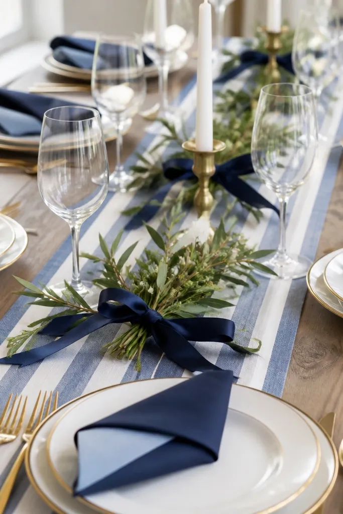 A dusty blue and white striped runner runs down the table. Napkins are navy folded in a diagonal cuff, showing a peek of dusty blue underlayer. Plates are white with simple gold rims. A few navy ribbon bows tie small greenery bundles along the runner.
