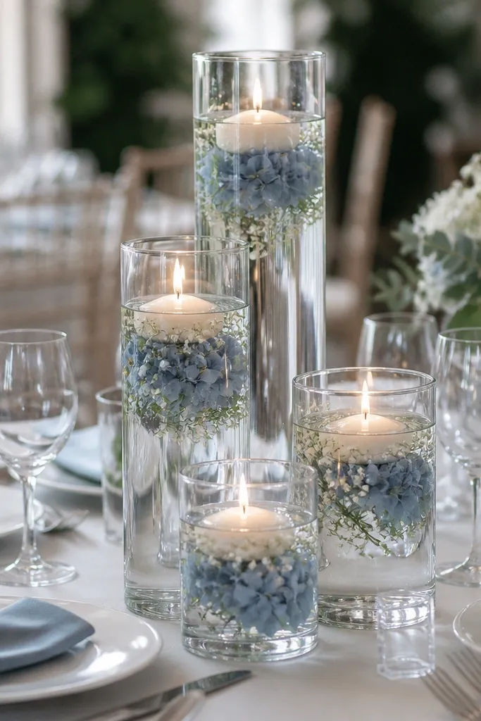 A centerpiece made of clear glass cylinders stacked at different heights. Dusty blue flowers and white filler float near the top inside water. Floating candles glow inside the cylinders. Place settings have white plates, dusty blue napkins, and clear acrylic place card stands.