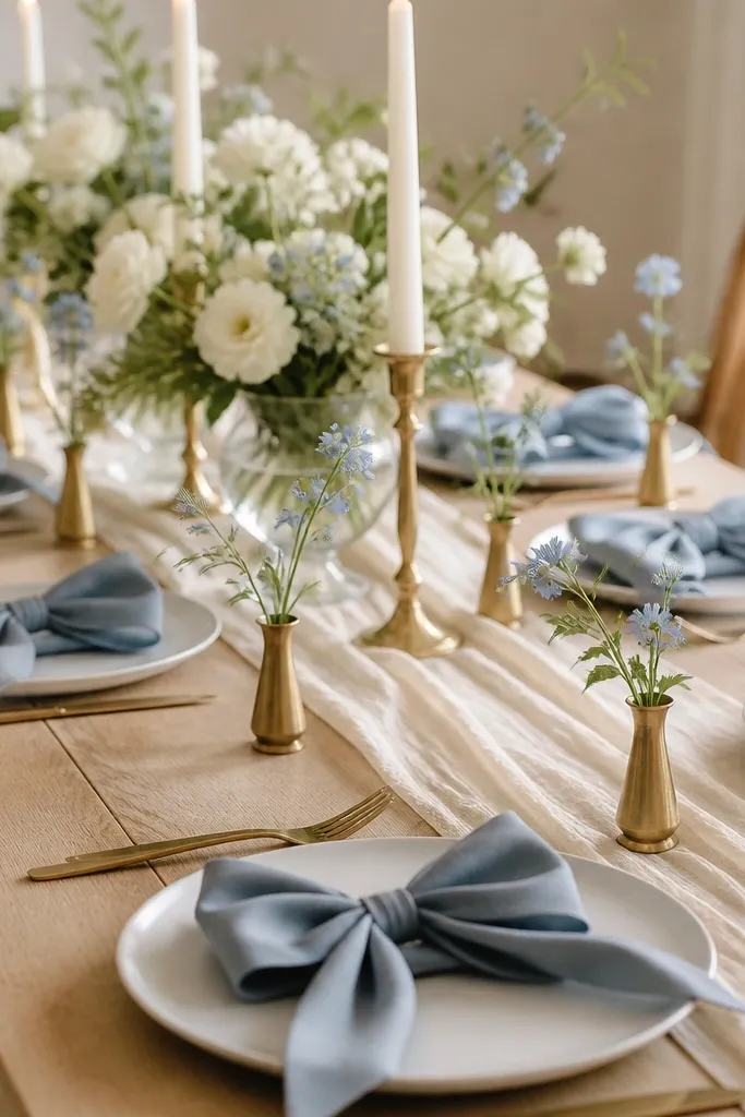 Each place setting has a dusty blue napkin tied into a neat bow. White plates sit under a simple brass bud vase placed at the side of the plate. The table runner is cream, and a few small dusty blue blooms are visible in the bud vases.