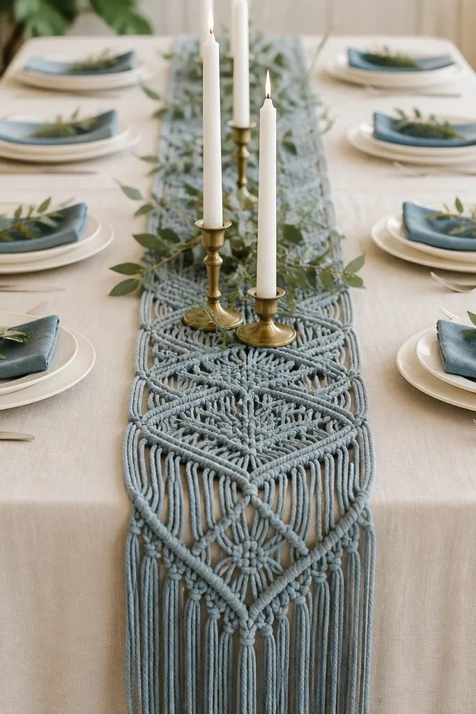 A cream tablecloth with a dusty blue macrame runner draped down the center. White taper candles in brass holders line the runner. Place settings have white plates, dusty blue napkins, and small sprigs of greenery tucked under napkins.