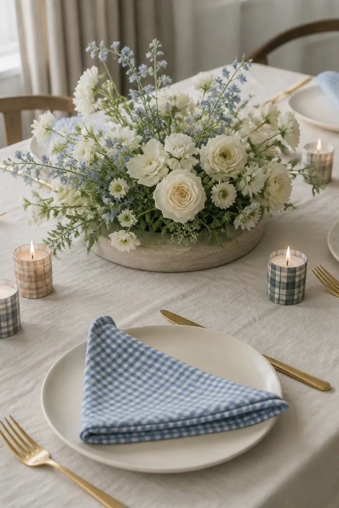 Cream plates with simple gold cutlery. Dusty blue gingham napkins are folded into a triangular fold. Mini candles are wrapped with small tartan sleeves in muted colors. A low centerpiece of cream flowers with dusty blue accents sits in a shallow tray.
