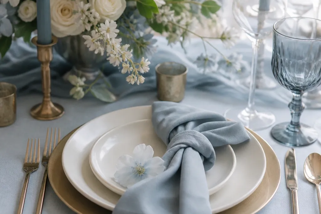 Dusty blue wedding theme table settings