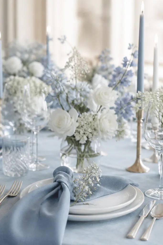 Dusty blue wedding theme table settings