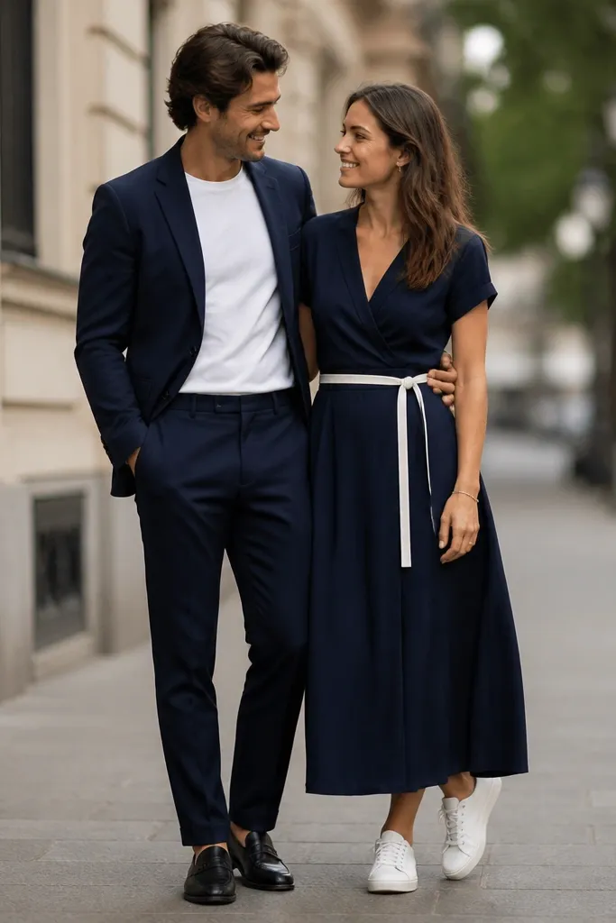 Couple in matching navy tones. One partner wears a navy blazer and tailored navy trousers with a plain white crewneck tee; the other wears a navy wrap dress with a white belt and simple white sneakers. They stand close on a sidewalk with a blurred street background.