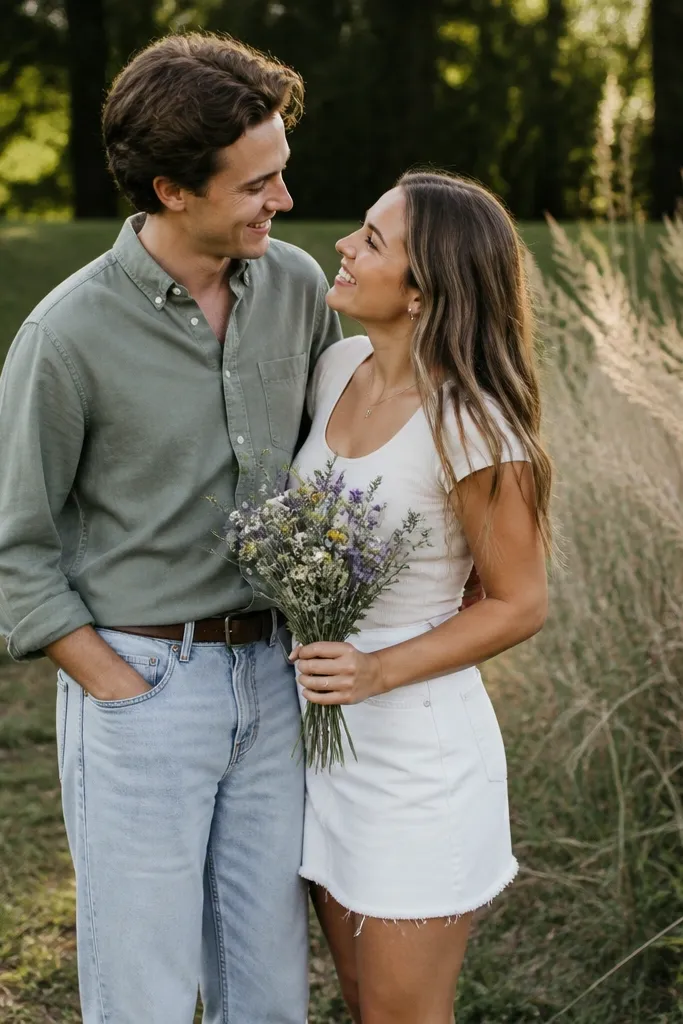 Outdoor photo in a park. One partner wears a sage green button-down shirt tucked into light denim; the other wears a white denim skirt with a fitted top. They hold a small bouquet of wildflowers and stand by tall grass.