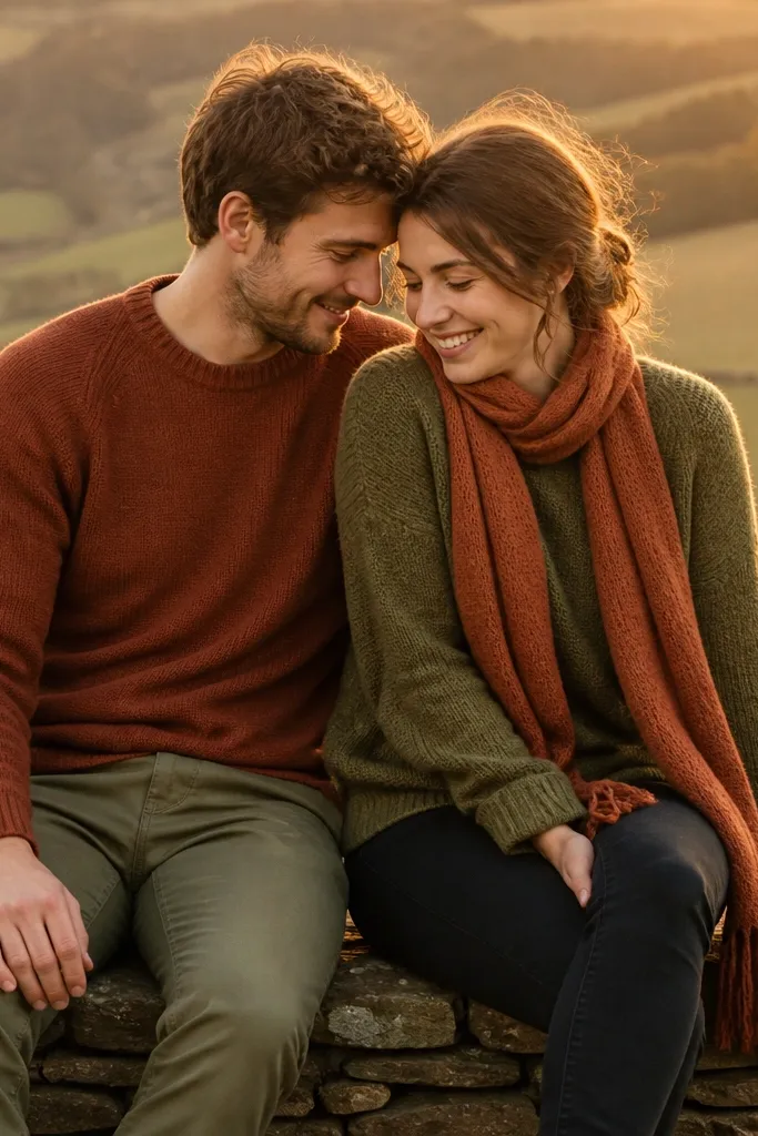 Couple sitting on a low stone wall. One partner wears a terracotta knit sweater with olive chinos; the other wears an olive sweater with terracotta scarf. Warm late afternoon light creates golden edges on the fabric.