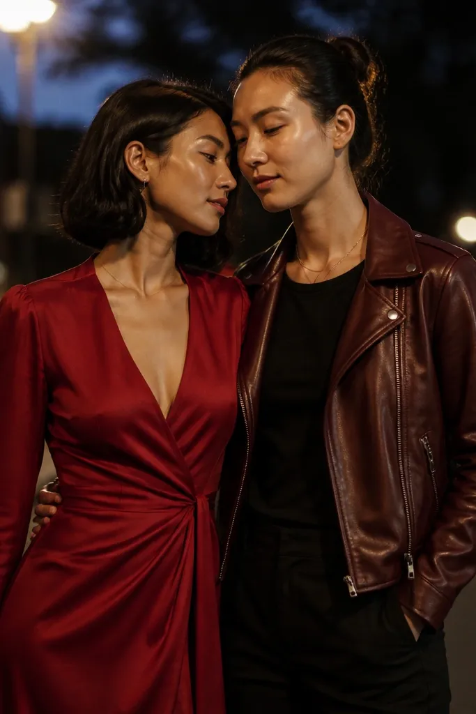 Street-style photo at dusk. One partner wears a deep red wrap dress; the other wears a burgundy leather jacket over a black top. They stand under a streetlight with a soft bokeh background.