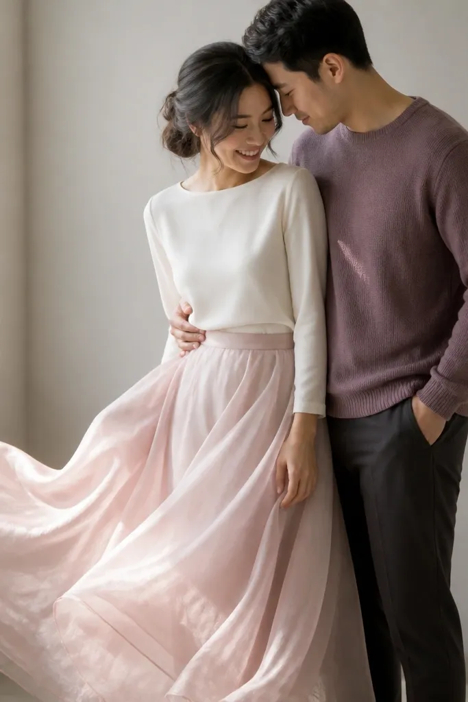 Indoor window-light photo. One partner wears a blush chiffon skirt with a simple cream top; the other wears a mauve knit sweater and dark trousers. The chiffon catches light and looks airy.
